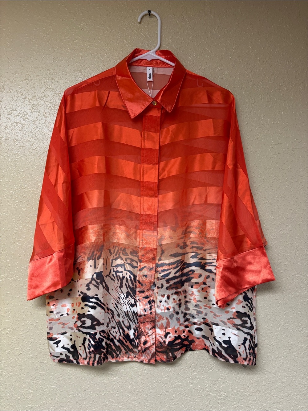 glam Coral-Orange Satin Button-Down Shirt with Animal Print Hem